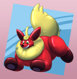 blue_background glistening glistening_body green_eyes grin inflatable inflation nozzle nozzle_(valve) nozzle_on_neck nozzle_on_tail pattern_background pink_background simple_background smile rawr_(artist) nintendo pokemon chapeon animate_inanimate eeveelution flareon generation_1_pokemon living_inflatable pokemon_(species) 2024 absurd_res hi_res
