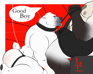 anthro barazoku bdsm bondage bound bulge butt collar dialogue dominant dominant_male duo fur good_boy male male/male master musclegut muscular muscular_male muscular_sub nipple_piercing nipple_ring nipples overweight_dom pecs pet_praise petplay piercing praise ring_piercing roleplay simple_background speech_bubble submissive submissive_male text tongue white_body white_fur aereous aerrow bear hybrid mammal polar_bear ursine digital_media_(artwork) english_text