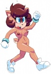 anthro blue_eyes bodily_fluids breasts brown_hair clothing eyelashes female fur gloves hair handwear nipples nude open_mouth running solo sweat tan_body tan_fur extraspecialzone sega sonic_the_hedgehog_(series) bump_the_deer fan_character deer mammal