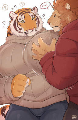 anthro anthro_on_anthro big_muscles big_pecs bottomwear bulge clothed clothed_anthro clothed_male clothing duo huge_pecs male male/male male_anthro mane muscular nipple_outline nipples pants pec_grab pecs question_mark simple_background sweater topwear turtleneck white_background giraffe_(artist) lam-chan lion-san felid lion mammal pantherine tiger absurd_res hi_res