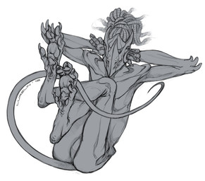 4_eyes 4_fingers 5_toes claws digitigrade dreadlocks featureless_crotch feet fingers hair legs_up long_tail lying male multi_eye nude on_back paws solo tail tapering_tail text tied_hair toes lurelin rachis alien 2016 artist_name dated digital_drawing_(artwork) digital_media_(artwork) greyscale monochrome