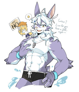 anthro clothing fur hair male purple_body purple_fur simple_background swimming_trunks swimwear text white_body white_fur white_hair yellow_eyes shoko_contane boreas_(shoko_contane) bat mammal hi_res