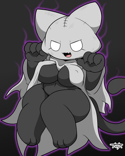 anthro aura bedsheet_ghost black_body bottomless bottomless_anthro bottomless_female breasts clothed clothing fangs female navel nipple_outline solo tail teeth thick_thighs tonytoran ghost_cat_(tonytoran) domestic_cat felid feline felis ghost mammal spirit 4:5 absurd_res hi_res