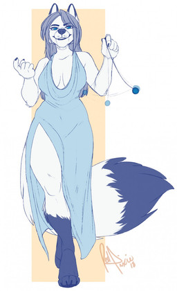 anthro beckoning breasts clothed clothing dress evening_gown female gesture hypnosis hypnotizing_viewer looking_at_viewer mind_control slit_dress smile solo standing redpixie canid canine mammal hi_res