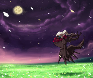 ambiguous_gender black_body blue_eyes cloud detailed_background field flower flying full_moon grass moon night outside petals plant scenery sky snow snowing solo star starry_sky sunset jiayi nintendo pokemon darkrai generation_4_pokemon legendary_pokemon pokemon_(species) 2009 signature