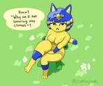 3_toes :< animal_crossing ankha_(animal_crossing) anthro areola artist_name blonde_hair blue_eyes blue_hair blue_markings breasts chair dialogue digital_drawing_(artwork) digital_media_(artwork) english_text feet felid feline female flower froggy_chair frown fur furniture grass hair hi_res hindpaw looking_at_viewer mammal markings multicolored_hair narrowed_eyes navel nintendo nipples nude oatinjack outside paws plant short_stack sitting solo striped_markings striped_tail stripes tail tail_markings text thick_thighs toes two_tone_hair yellow_areola yellow_body