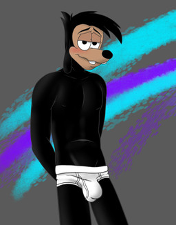 anthro black_body black_hair briefs briefs_only buckteeth bulge clothed clothing embarrassed hair hands_behind_back looking_at_viewer male monotone_briefs monotone_clothing monotone_underwear nervous nervous_smile smile solo teeth tighty_whities topless topless_male underwear underwear_only white_briefs white_clothing white_underwear smokeyrooster disney goof_troop max_goof canid canine mammal absurd_res hi_res