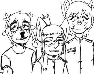 anthro antlers clothed clothed_anthro clothed_male clothing eyewear freckles glasses group hair horn jacket male male_anthro nerd open_mouth open_smile round_glasses scarf shirt smile topwear trio wearing_glasses pinacatte becky_gilmore ingrid_martinez jade_ramirez bat deer mammal megabat new_world_deer black_and_white monochrome sketch trans_(lore)