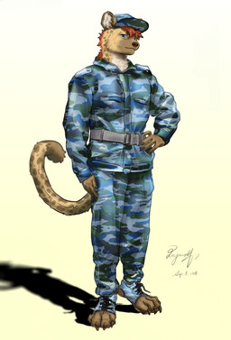 anthro army army_clothing army_outfit army_uniform big_tail blue_clothing blue_eyes bottomwear brown_body brown_fur camo camo_bottomwear camo_clothing camo_pants camo_print clothed clothing fur hair hat headgear headwear looking_at_viewer male manly markings military military_clothing military_pants military_uniform pants pattern_bottomwear pattern_clothing pattern_pants red_hair simple_background smile smiling_at_viewer soldier solo spots spotted_body spotted_fur tail tattoo text topwear uniform warrior yellow_background wanroywolf roywolf_(wanroywolf) hyena mammal spotted_hyena digital_drawing_(artwork) digital_media_(artwork) digital_painting_(artwork) english_text hi_res painting_(artwork)