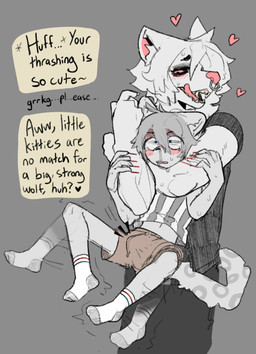 adolescent anthro armlock black_nose blood blush bodily_fluids bottomwear bully bullying chokehold claw_marks claws clothing dialogue distressed duo erection erection_under_clothing eyeshadow finger_claws footwear fur grey_background heart_symbol lifting_another makeup male male/male midair pink_nose shirt shorts simple_background size_difference socks speech_bubble struggling sweat sweatdrop t-shirt tenting text tongue tongue_out topwear white_body white_fur young young_anthro young_male gigawix canid canine canis felid leopard mammal pantherine wolf english_text hi_res