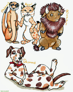 ambiguous_gender anthro black_hooves black_nose brown_body brown_fur brown_mane claws collar digitigrade ear_tuft feet feral floppy_ears folded_ears fur group hindpaw hooves horn mane orange_text paws pink_tongue red_collar semi-anthro simple_background smile smile_lines snout tail tail_tuft tan_body tan_fur text tongue tongue_out tuft white_background white_body white_fur white_horn tigristhelynx animal_alley beanie_babies the_petting_zoo_(copyright) bo_(beanie_babies) buffalo canid canine canis dalmatian domestic_dog felid feline herpestid lynx mammal meerkat 2008 character_name handwritten_text shaded traditional_media_(artwork)