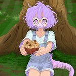 anthro big_glasses biped claws clothed clothed_anthro clothed_male clothing elbow_feathers eyewear feathered_tail feathers finger_claws fingers food front_view glasses grass hair happy holding_food holding_object humanoid_hands light light_beam looking_at_viewer male medium_hair muffin multicolored_body multicolored_scales offering_food outside overalls plant purple_body purple_eyes purple_feathers purple_hair purple_scales round_glasses scales sitting smile solo sunbeam sunlight tail tan_body tan_scales tree two_tone_body two_tone_scales ryangoslinghorny goodbye_volcano_high sage_(gvh) dinosaur dromaeosaurid microraptor prehistoric_species reptile scalie theropod 1:1 colored hi_res
