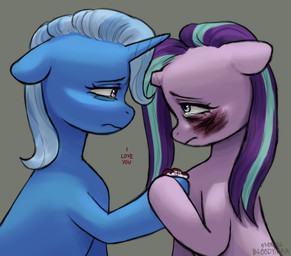 abused aftercare blood blood_on_face blue_body blue_eyes blue_hair bodily_fluids broken_horn crying duo duo_focus duo_in_panel ears_down female female/female grey_background group hair hand_grab hooves horn i_love_you looking_at_another multicolored_hair napkin pivoted_ears purple_body purple_eyes purple_hair regret sad simple_background tears two_tone_hair wounded bloodymrr friendship_is_magic hasbro my_little_pony mythology starlight_glimmer_(mlp) trixie_(mlp) equid equine mammal mythological_creature mythological_equine unicorn absurd_res half-length_portrait hi_res portrait