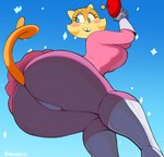 anthro big_butt blaster blue_background blue_eyes blush butt clothed clothing dress female leggings legwear looking_back low-angle_view panties simple_background solo thick_thighs underwear upskirt yellow_body vimhomeless lilly_(vimhomeless) domestic_cat felid feline felis mammal hi_res