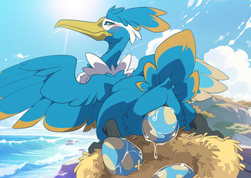 animal_genitalia avian_butt avian_feet beak blue_body blush bodily_fluids cloaca cloaca_juice crossgender egg facial_markings feathered_crest feathered_wings feathers feet feral genital_fluids genitals green_eyes head_crest head_markings male markings mask_(marking) membrane_(anatomy) nest oviposition pokemon_egg sea tail tail_feathers toes water webbed_feet white_markings wings yellow_markings ashley-arctic-fox nintendo pokemon fan_character thunk_(gyro) avian cramorant generation_8_pokemon pokemon_(species) absurd_res hi_res
