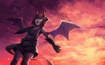 anthro biped clothing cloud eyes_closed female hair membrane_(anatomy) membranous_wings outside overalls red_hair sky skyscape solo standing tail wings young young_anthro young_female rpbbw mythology dragon mythological_creature mythological_scalie scalie 16:10 hi_res wallpaper widescreen