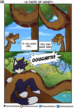 alternate_species anthro black_body black_fur black_hair body_outline brown_body brown_scales dialogue duo feral feral_pred fur hair male motion_lines multicolored_body multicolored_fur nude_anthro nude_male outside plant scales serpentine_vore speech_bubble tail text tree two_tone_body two_tone_fur vore white_body white_fur yellow_sclera outletdraws the_jungle_book kaa_(jungle_book) outlet_(outletdraws) domestic_cat felid feline felis mammal python reptile scalie snake 2026 comic english_text hi_res