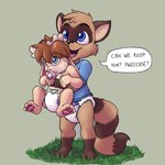 anthro antlers baby carrying_another carrying_baby clean_diaper clothed clothing diaper diaper_only duo horn male object_in_mouth pacifier pacifier_in_mouth toddler topless wearing_diaper young wyfoo jackalope lagomorph mammal procyonid raccoon hi_res