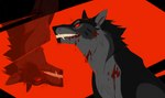 ambiguous_gender black_body black_fur black_nose blood blood_on_face blood_on_neck bodily_fluids cheek_tuft chest_tuft facial_tuft fangs feral fur grey_body grey_fur grin looking_at_viewer neck_tuft simple_background smile solo teeth tuft blackscour canid mammal bust_portrait portrait