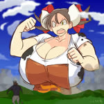 accessory angry animal_print apron big_breasts breasts brown_hair chest_pounding clothed clothing cloud cow_print female hair hair_accessory hair_ribbon horn huge_breasts hyper hyper_breasts macro male open_mouth pigtails ribbons shirt short_hair sky teeth topwear yellow_eyes hataraki_ari sukimi_(hataraki) animal_humanoid bovid bovid_humanoid bovine bovine_humanoid cattle cattle_humanoid humanoid mammal mammal_humanoid 1:1 2d_animation animated low_res motion_tweening no_sound short_playtime webm