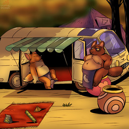 anthro apron belly brown_body brown_fur camper_van clothing duo fur male moobs navel nipples orange_body orange_fur slightly_chubby vynny_lonlydot animal_crossing nintendo crazy_redd tom_nook_(animal_crossing) canid canine fox mammal raccoon_dog tanuki 1:1