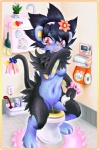 anthro anthrofied bathroom biped blush bodily_fluids breasts candy dessert embarrassed female flower food genital_fluids genitals hair heart_symbol jewelry navel open_mouth peeing plant pussy red_eyes sitting solo text toilet toilet_paper urine bisco nintendo pokemon generation_4_pokemon luxray pokemon_(species) japanese_text