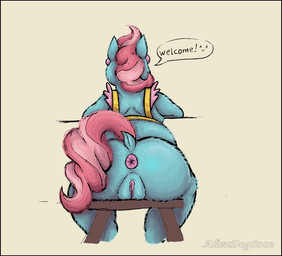 anthro anthrofied anus apron apron_only big_butt black_border blue_body blue_fur border butt clothing dialogue dock_(anatomy) ear_piercing ear_ring female fur genitals hair huge_butt inner_labia mature_female overweight overweight_anthro overweight_female piercing pink_anus pink_hair plump_labia puffy_anus rear_view ring_piercing simple_background sitting solo tail text vulva welcoming white_background aliendog6002 friendship_is_magic hasbro my_little_pony mrs._cake_(mlp) earth_pony equid equine horse mammal pony english_text hi_res