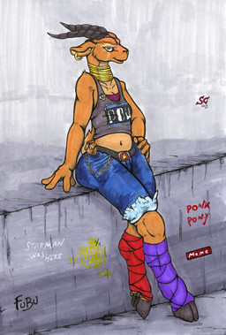 anthro belt_buckle belt_chain belt_pouch bottomwear breasts brown_body brown_fur buckle butt clothed clothed_anthro clothed_female clothing cloven_hooves crop_top denim denim_bottomwear denim_clothing denim_shorts ear_piercing ear_ring female fur gold_(metal) gold_ear_ring gold_neck_ring graffiti graffiti_on_wall green_eyes grey_clothing grey_crop_top grey_shirt grey_topwear hand_on_hip hand_on_own_hip hooves horn looking_at_viewer midriff mismatched_legwear navel neck_jewelry open_mouth open_smile piercing ring_piercing scut_tail shirt short_tail shorts small_breasts smile solo tail text topwear sewercroc safi antelope bovid gazelle mammal 2019 dated english_text hi_res marker_(artwork) signature traditional_media_(artwork)