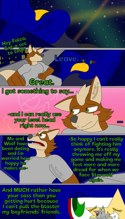 anthro beak blush city dialogue duo lying male night sky solo spacecraft star teeth text vehicle worried conditional_dnp notkastar nintendo star_fox falco_lombardi fox_mccloud max_(notkastar) zatch_(notkastar) avian bird canid canine canis falcon falconid fox mammal wolf 4:7 comic english_text hi_res