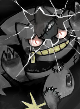 3_fingers ambiguous_gender black_background breaking_the_fourth_wall cracked_glass evil_grin featureless_crotch fingers front_view glass grey_body looking_at_viewer not_furry nude pink_eyes plushie pupils simple_background slit_pupils smile solo tail through_screen toony yellow_tail zipper artsy-theo nintendo pokemon animate_inanimate banette generation_3_pokemon humanoid living_plushie pokemon_(species) 2015 dark_theme digital_media_(artwork) digital_painting_(artwork) painting_(artwork) signature