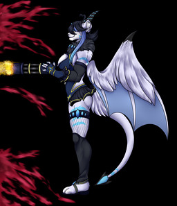 5_fingers amber_eyes anthro black_hair blood blue_markings bodily_fluids clothing dress female fingerless_gloves fingers fishnet_clothing fishnet_legwear fluffy_wings footwear fur gatling_gun gem gloves gun gun_arm hair handwear horn leggings legwear machine_gun markings minigun muzzle_flash neck_tuft ranged_weapon sandals shoes shooting shooting_gun side_view simple_background smile solo spade_tail tail thigh_highs transparent_background tuft weapon weapon_arm white_body white_fur wings wirwik velatis_ferio_caedo unknown_species alpha_channel hi_res