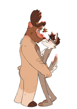 anthro anthro_on_anthro antlers areola arm_hair barely_visible_genitalia beard blush body_hair brown_hair butt butt_grab curly_hair duo eyewear eyewear_only faces_touching facial_hair genitals glasses glasses_only hair hand_on_butt hand_on_chest holidays hooves horn hug leg_hair looking_away male male/male male_anthro mistletoe mistletoe_on_antler nervous nervous_smile nipples nude nude_anthro nude_male plant simple_background size_difference smile standing wearing_glasses white_background nardodraws christmas leo_(nardodraws) tom_(nardodraws) canid canine canis deer mammal moose new_world_deer wolf 2025 hi_res signature