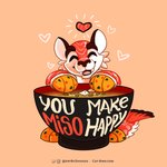 ambiguous_gender bowl container eyes_closed food fur heart_symbol humor miso_soup open_mouth pun simple_background smile solo tan_background text zhivago_(artist) felid feline food_creature mammal 1:1 2020 digital_media_(artwork) english_text hi_res url