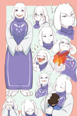 ambiguous_gender anthro blush clothed clothing commentary duo expressions eyewear female fur glasses horn hug long_ears smile white_body white_fur yamori_(owltrpg4) undertale undertale_(series) frisk_(undertale) toriel boss_monster_(undertale) bovid caprine human mammal hi_res