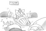 anthro bedding blanket clothing female group hat headgear headwear horn looking_up pajamas pillow simple_background sitting sleeping timestamp white_background young young_anthro twistcmyk canid canine mammal black_and_white greyscale hi_res monochrome