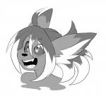 ahoge anthro black_sclera blush embers female fire fur hair long_hair open_mouth simple_background smile solo yogoat caradhina canid canine canis mammal 2018 digital_media_(artwork) monochrome