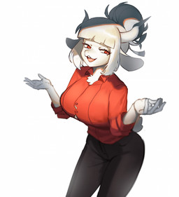 anthro big_breasts black_bottomwear black_clothing black_pants bottomwear breasts clothed clothing collared_shirt dress_shirt female female_anthro fur hair half-closed_eyes horn narrowed_eyes open_mouth pants red_clothing red_eyes red_shirt red_topwear shirt simple_background solo topwear white_background white_body white_fur white_hair gomchichan helltaker goat_lucifer_(helltaker) bovid caprine goat mammal