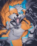 anthro blue_body blue_fur chain featureless_crotch fur hair looking_at_viewer male metal multicolored_hair open_mouth orange_body orange_fur sharp_teeth solo steel teeth tricolor_fur white_body white_fur angiewolf mammal 2021