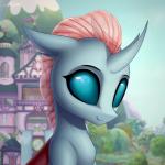 1:1 2018 absurd_res arthropod building bust_portrait changeling detailed_background equid eyebrows eyelashes female feral floppy_ears friendship_is_magic hasbro hi_res horn looking_at_viewer mammal mountain my_little_pony ocellus_(mlp) outside plant portrait school setharu signature sky smile solo teal_eyes tree