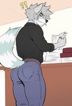 ?! anthro belt biped bottomwear butt clothed clothing eyebrows fingers fully_clothed fur hair male pants solo tail lukiro akaro_(lukiro) canid canine canis hybrid mammal procyonid raccoon wolf hi_res