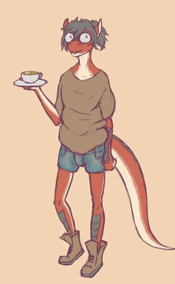 anthro beverage boots bottomwear clothed clothing coffee denim denim_bottomwear denim_clothing denim_shorts eyewear footwear glasses hair latte_art male multicolored_body red_arms red_legs red_tail saucer scales shirt shoes shorts simple_background smile solo standing tail tied_hair topwear glopossum red_(glopossum) lizard reptile scalie 2015 portrait nonbinary_(lore)
