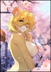 anthro big_breasts black_border blush border breasts female fur hair looking_at_viewer nipples nude outdoor_nudity outside simple_background smile solo tail fleet-foot rhoda felid feline lion mammal pantherine 2024 digital_media_(artwork)