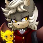 anthro black_nose chest_tuft duo fangs fluffy fur grey_body grey_fur hair long_hair looking_at_viewer male teeth tuft white_hair yellow_eyes hikariviny panrill bat demon mammal 1:1 absurd_res hi_res