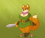 anthro big_breasts breasts cleavage clothed clothing countershading dipstick_tail eyelashes female fungus gloves_(marking) grass green_clothing holding_melee_weapon holding_object holding_sword holding_weapon leg_markings markings melee_weapon mushroom plant scarf shirt short_stack socks_(marking) solo sword tail tail_markings tan_tail_tip thick_thighs topwear tunic weapon blepwep tunic_(video_game) ruin_seeker canid canine fox mammal 2022 digital_media_(artwork) hi_res