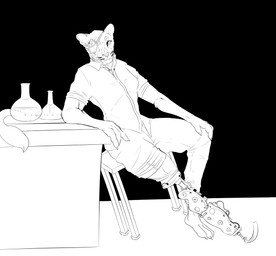 4_fingers amputee anthro barefoot biped bottomwear breasts claws clothed clothing collared_shirt counter disability dress_shirt eye_patch eyewear feet female fingers furniture leaning pants prosthetic prosthetic_leg prosthetic_limb shirt sitting small_breasts solo stool topwear cloven-jitsu felid lion mammal pantherine black_and_white monochrome