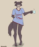 anthro beverage bottomless brown_body claws clothed clothing container cup fangs feet female fluffy fluffy_tail mug oversized_clothing oversized_shirt oversized_topwear shirt slim tail tea teeth topwear amoriashop beastars juno_(beastars) canid canine mammal absurd_res hi_res