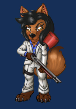 anthro axe black_hair brown_body brown_fur chibi clothing fur gun hair holding_gun holding_object holding_ranged_weapon holding_shotgun holding_weapon ranged_weapon shotgun solo suit weapon yellow_eyes katatau left_4_dead_(series) valve jonax_brown-fox nick_(left_4_dead) canid canine fox mammal absurd_res alpha_channel hi_res