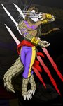 2017 4_fingers 4_toes anthro bottomwear braided_hair braided_ponytail brown_hair capcom claw_(weapon) claws clothing feet finger_claws fingers foot-paws full-length_portrait hair hi_res male mammal mask melee_weapon pangolin ponytail portrait purple_bottomwear purple_clothing red_clothing solo street_fighter toe_claws toes vega_(street_fighter) weapon yellow_bottomwear yellow_clothing