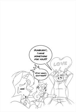 anthro bodily_fluids dialogue female horn male simple_background speech_bubble sweat sweatdrop white_background wings boastudio friendship_is_magic hasbro my_little_pony mythology fan_character flurry_heart_(mlp) sunburst_(mlp) changeling equid equine mammal mythological_creature mythological_equine unicorn winged_unicorn hi_res