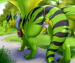 blue_eyes butt chastity_belt chastity_device claws feet female feral green_body hindpaw horn looking_at_viewer outside park paws plant satchel scarf smile solo tail toes tree wings danji-isthmus mythology adhara dragon mythological_creature mythological_scalie scalie digital_drawing_(artwork) digital_media_(artwork) hi_res